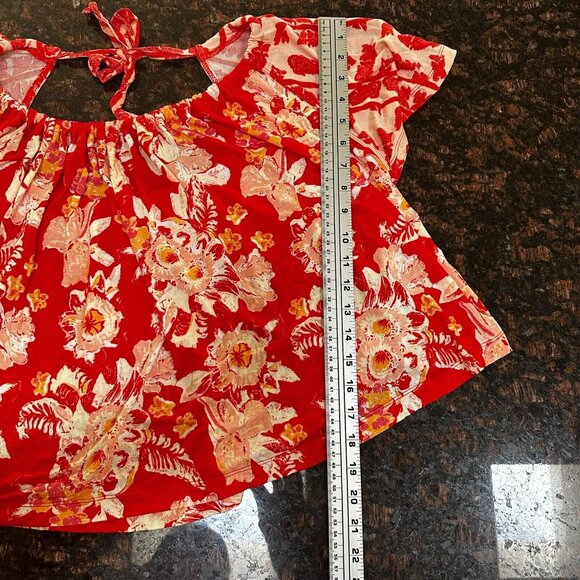 Free People Baja‎ Babe Red Floral Print Tie Back Cold Shoulder Tee Top Jersey XS - Picture 15 of 16